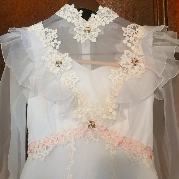 Vintage 60s Wedding Dress Long Veil Train Ruffles Floral Lace Barbie Pink 1960 - Picture 9 of 16